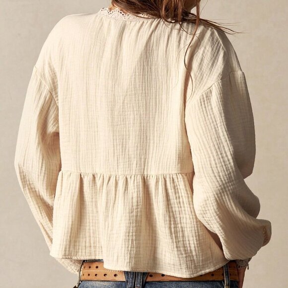 Apricot Casual Women's Woven Patchwork Floral Lace V-Neck Lantern Sleeve Blouse - Picture 5 of 8